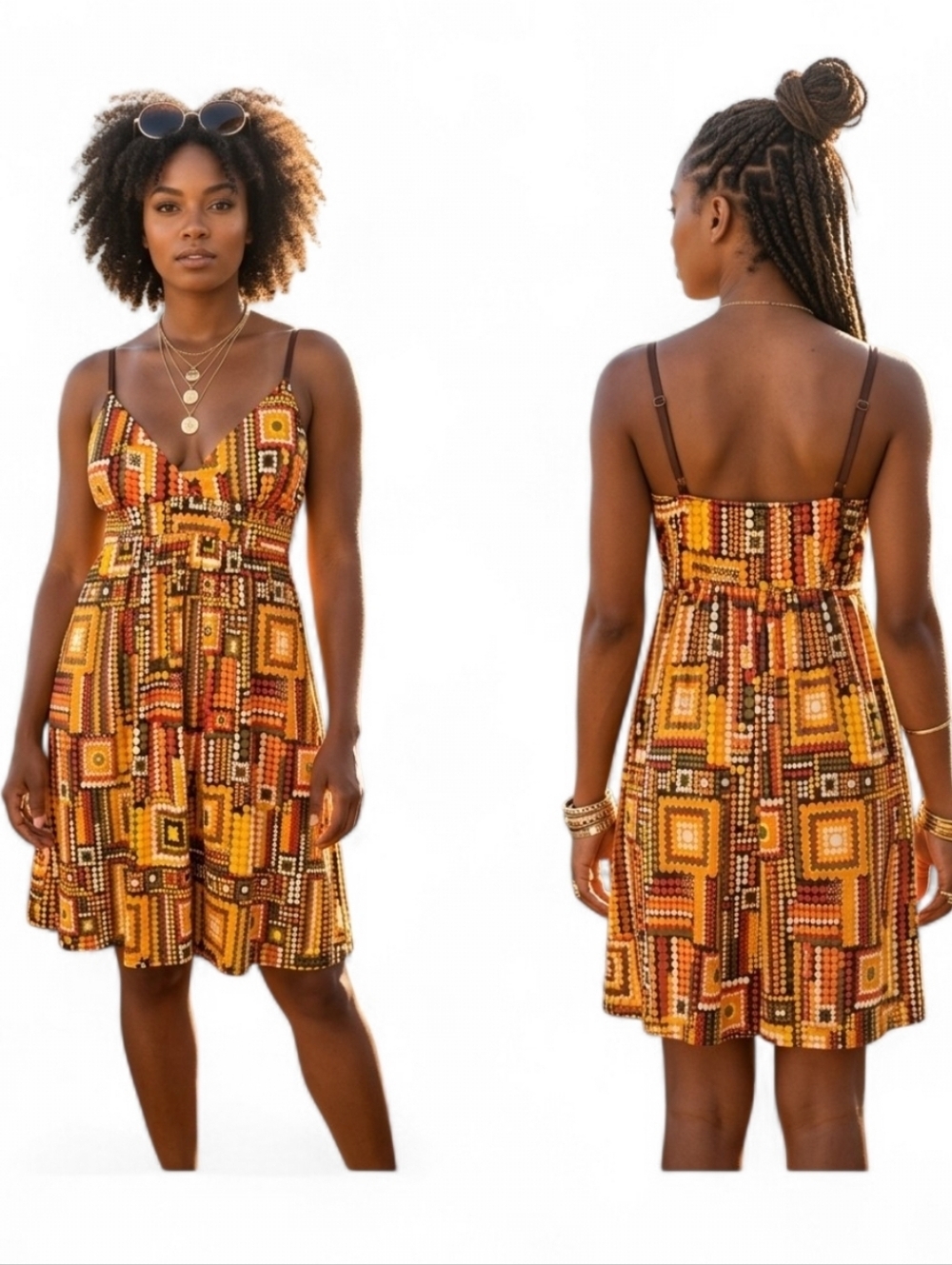 Bloom Geometric Mod Print Mini Dress Gold Foil Accents 70s Retro Aesthetic